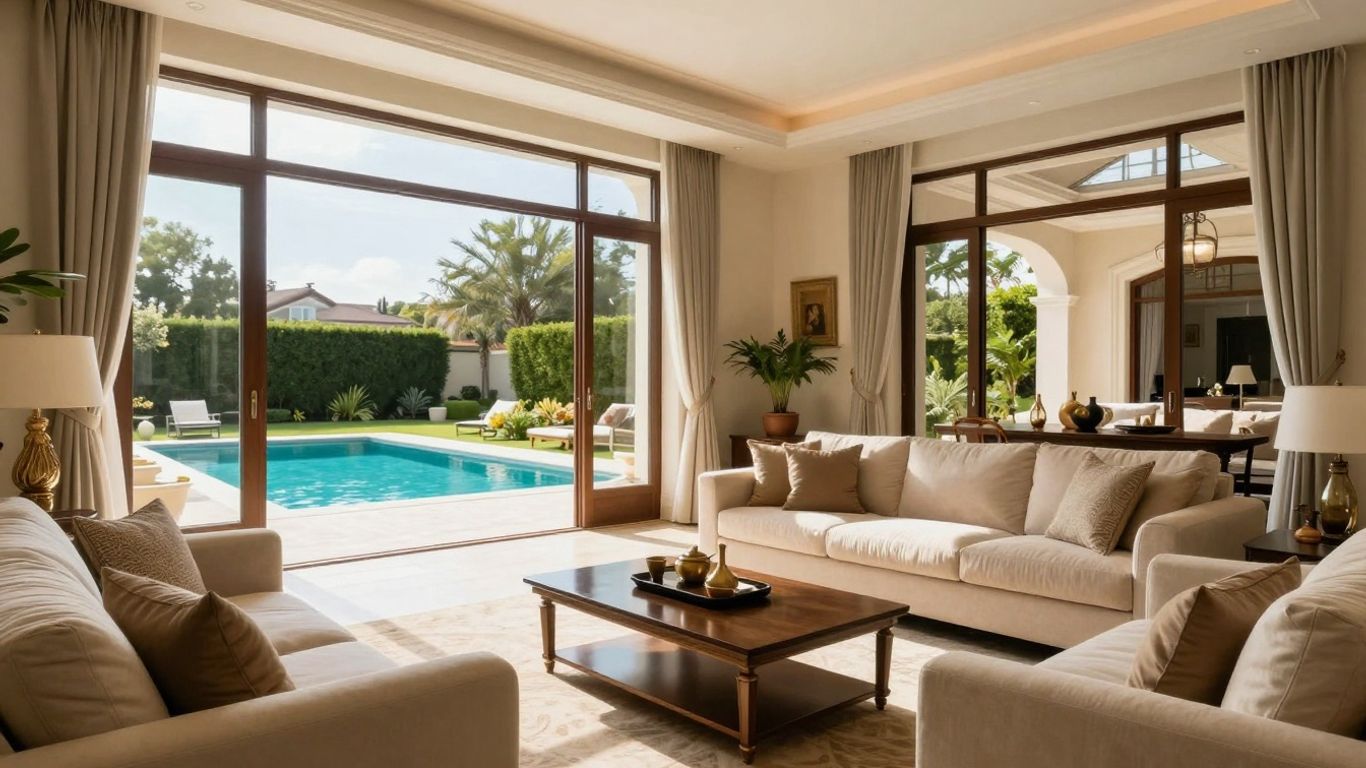 Luxury villa interior with pool view, ready for guests.