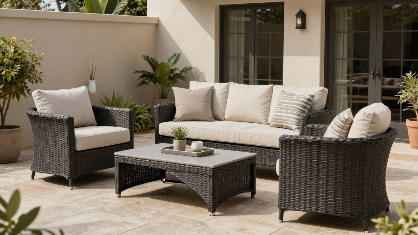 Weather-resistant patio furniture set on a sunny Airbnb patio.