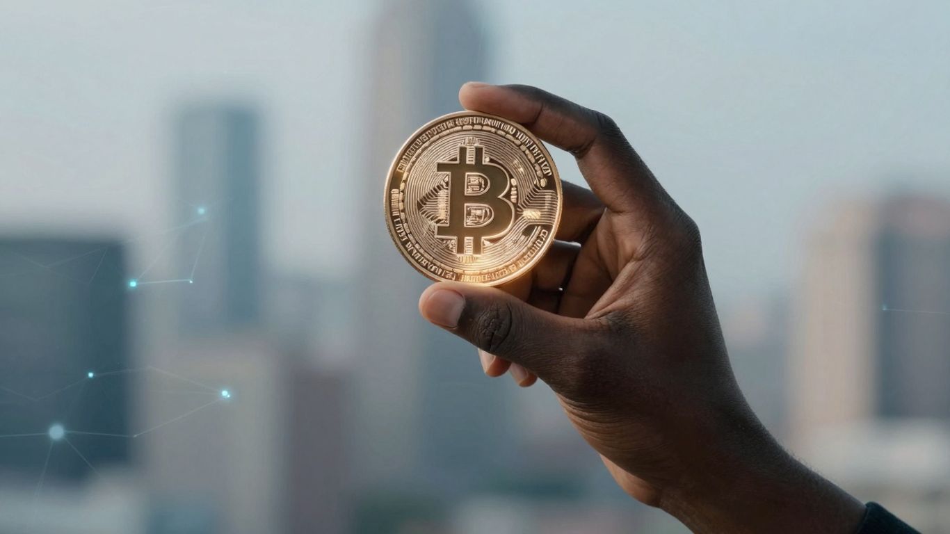 Fidelity crypto coin held in hand, digital city background.