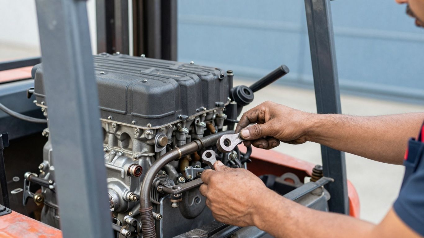 ช่างกำลังซ่อมเครื่องยนต์รถโฟล์คลิฟท์