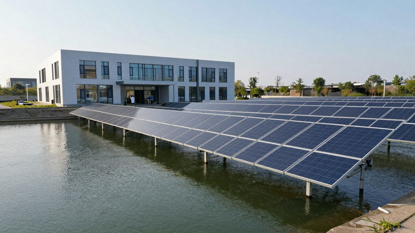 Panneaux solaires sur un réservoir, bâtiment d'entreprise, énergie renouvelable.