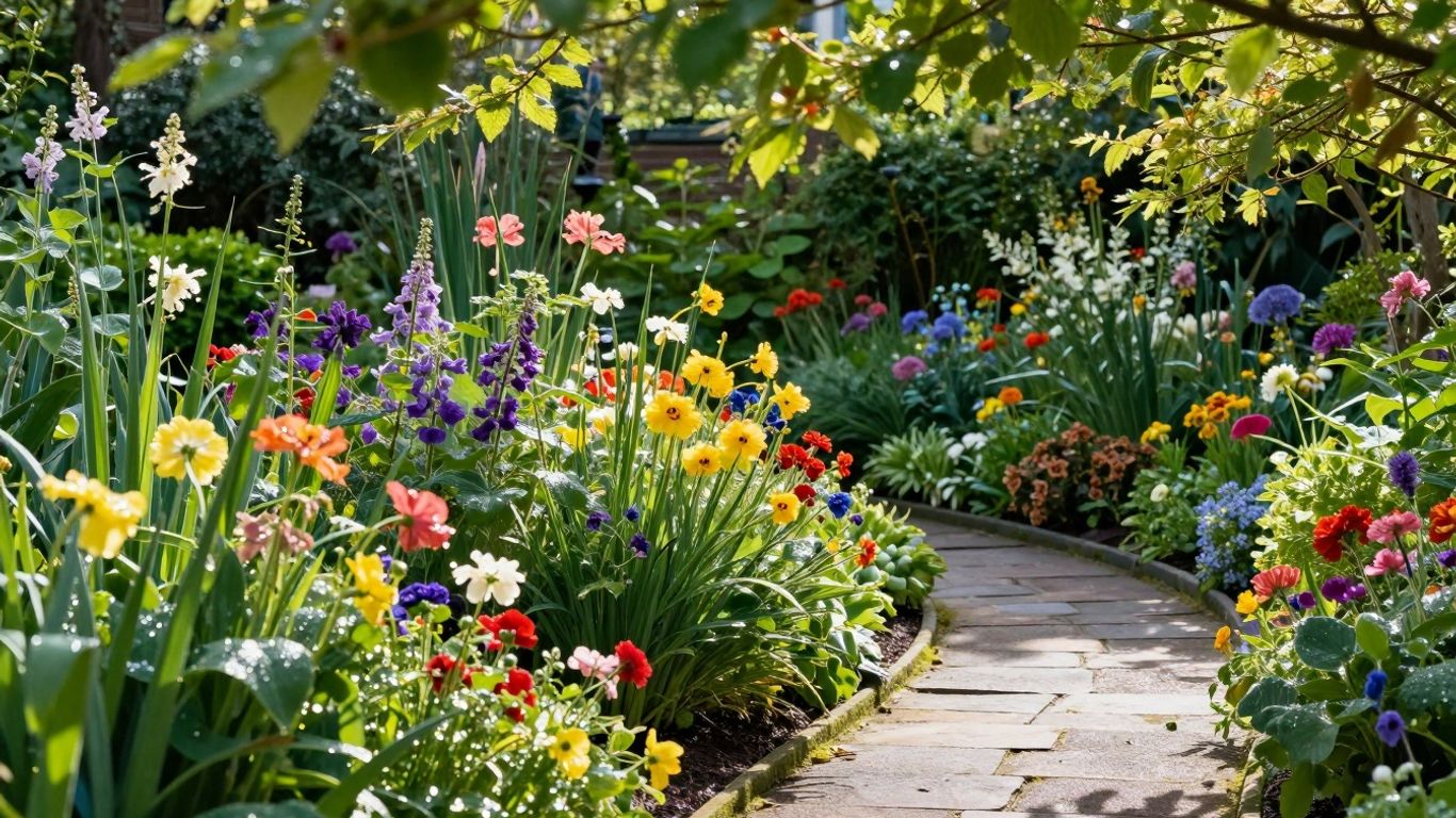 Bloeiende tuin in Amsterdam met kleurrijke bloemen en groen.