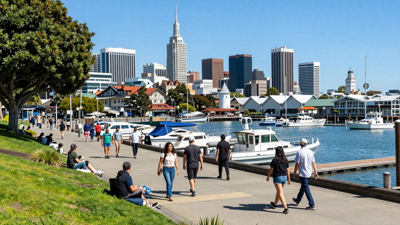 Jack London Square waterfront promenade in Oakland, California.