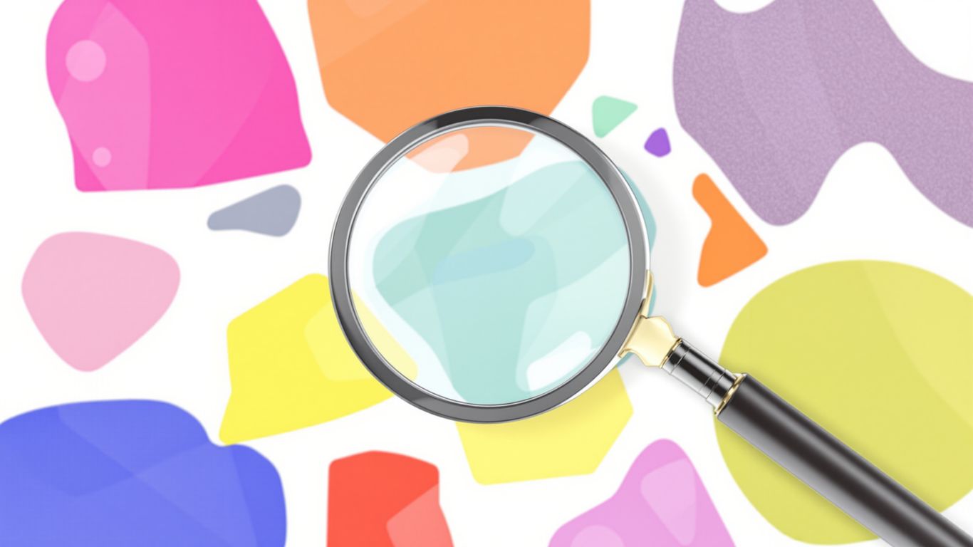 Magnifying glass over colorful shapes on white background.