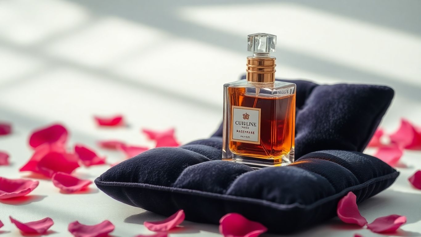 Elegant perfume bottle with rose petals on velvet.