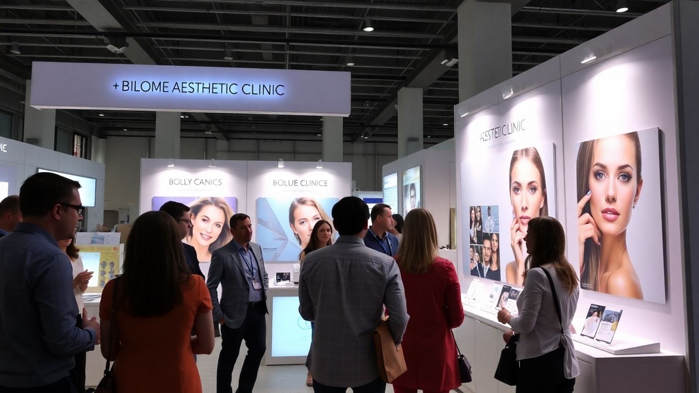 Aesthetic clinic exhibition stand with staff and visitors.