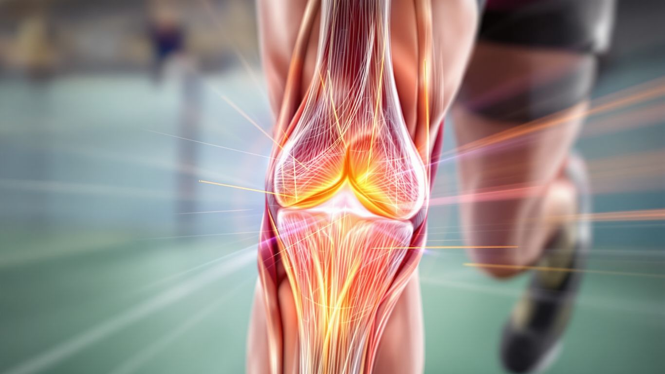Rodilla en movimiento durante actividad deportiva, mostrando ligamentos.