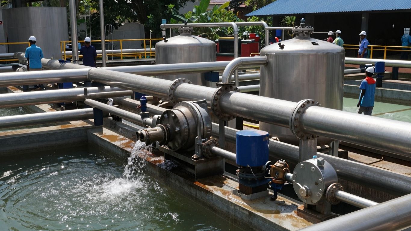 Water and wastewater facility with pipes and machinery.