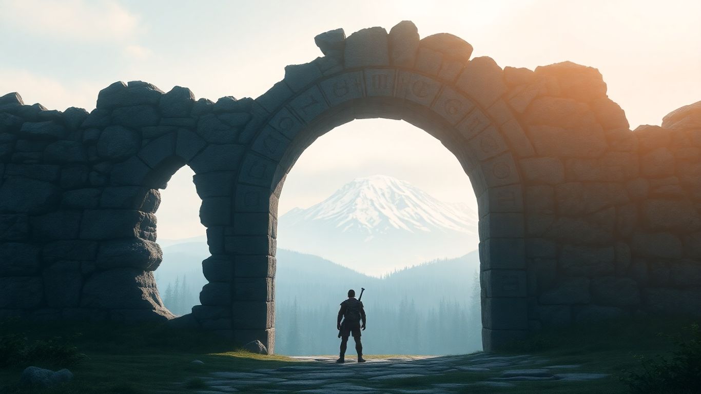 Adventurer at ancient ruins, mystical forest, mountain peak.