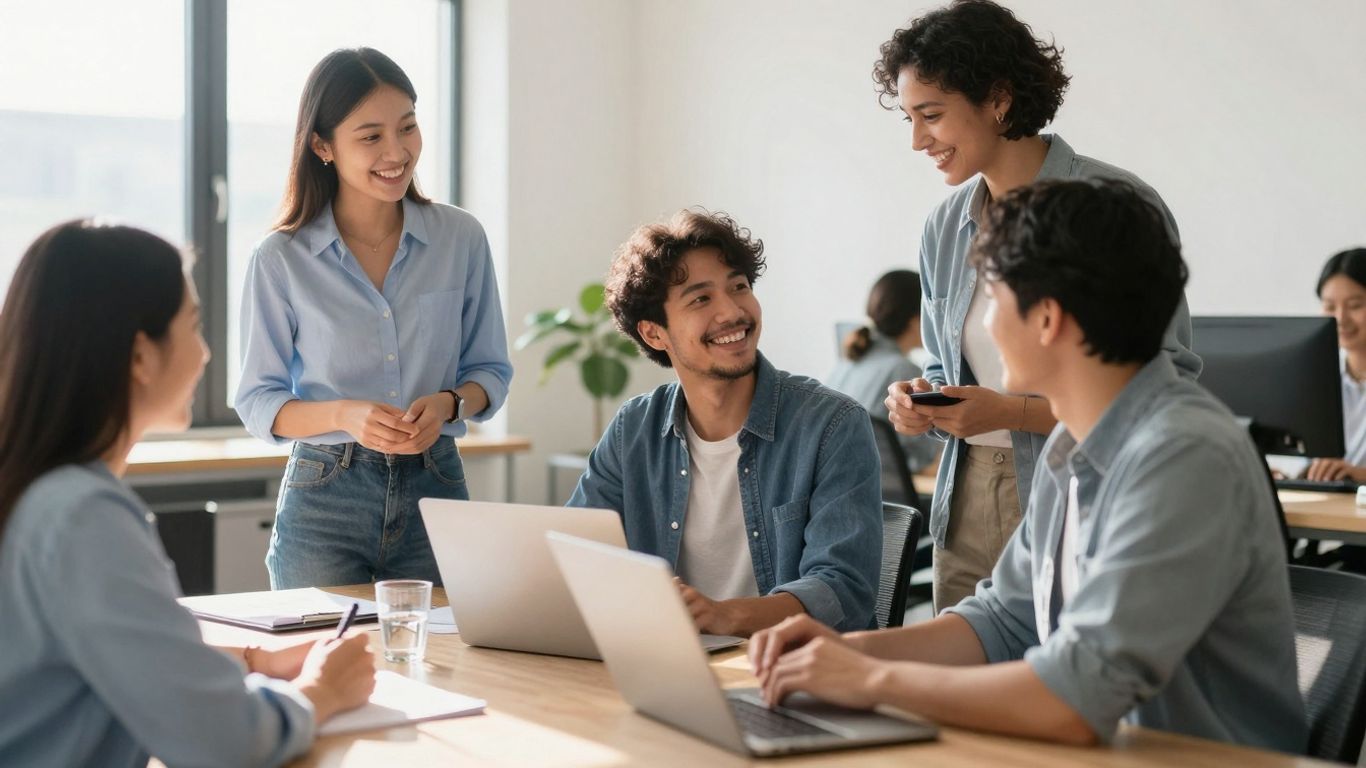 Mensen die gelukkig samenwerken op kantoor.