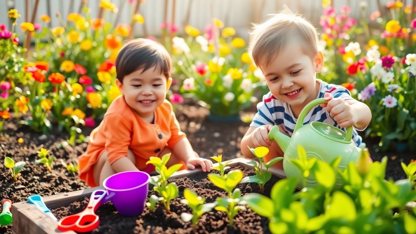 Copil fericit plantează răsaduri în grădină, primăvara.