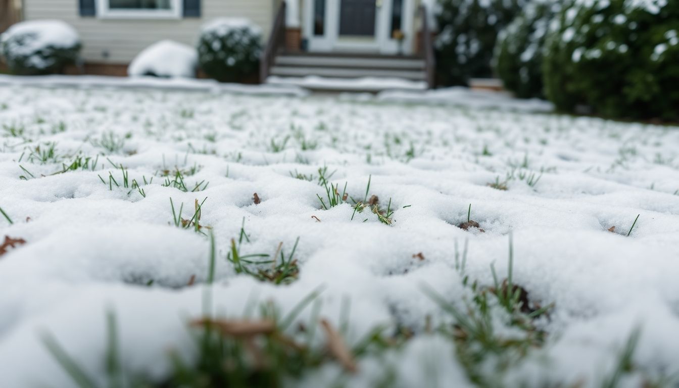 Snow and mud on grass outside a house.