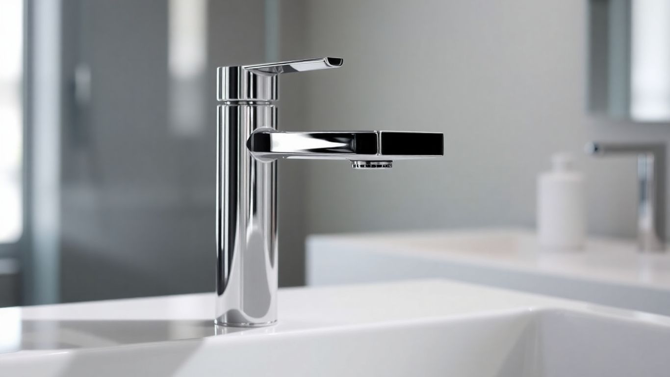 Tall chrome basin mixer tap in a modern bathroom.