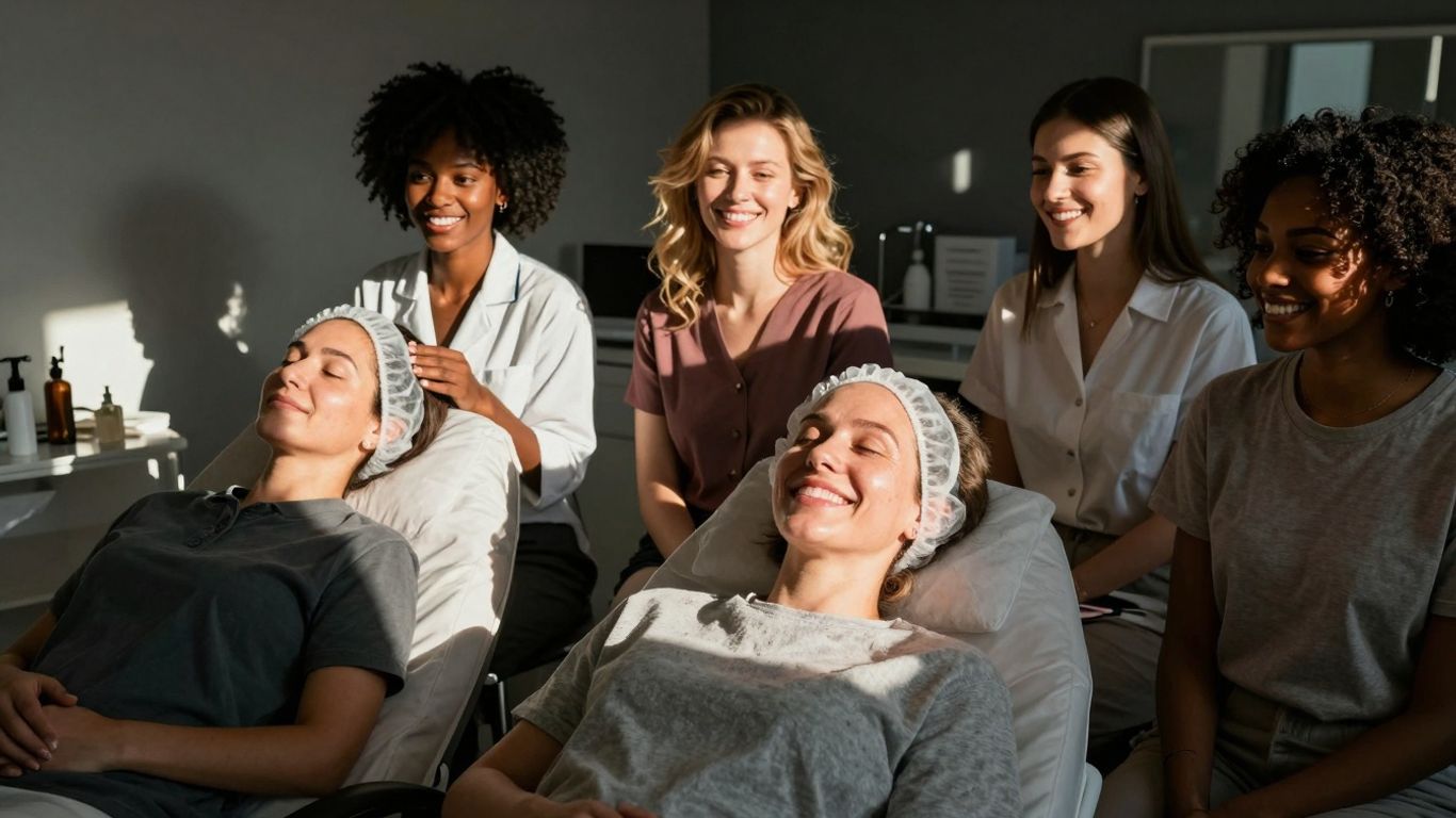 Smiling people enjoying aesthetic treatments, feeling refreshed and confident.