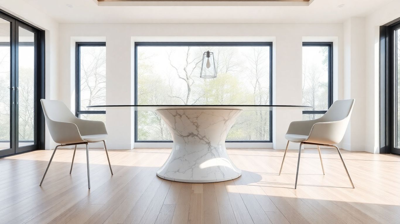 Oval glass dining table with marble pedestal base