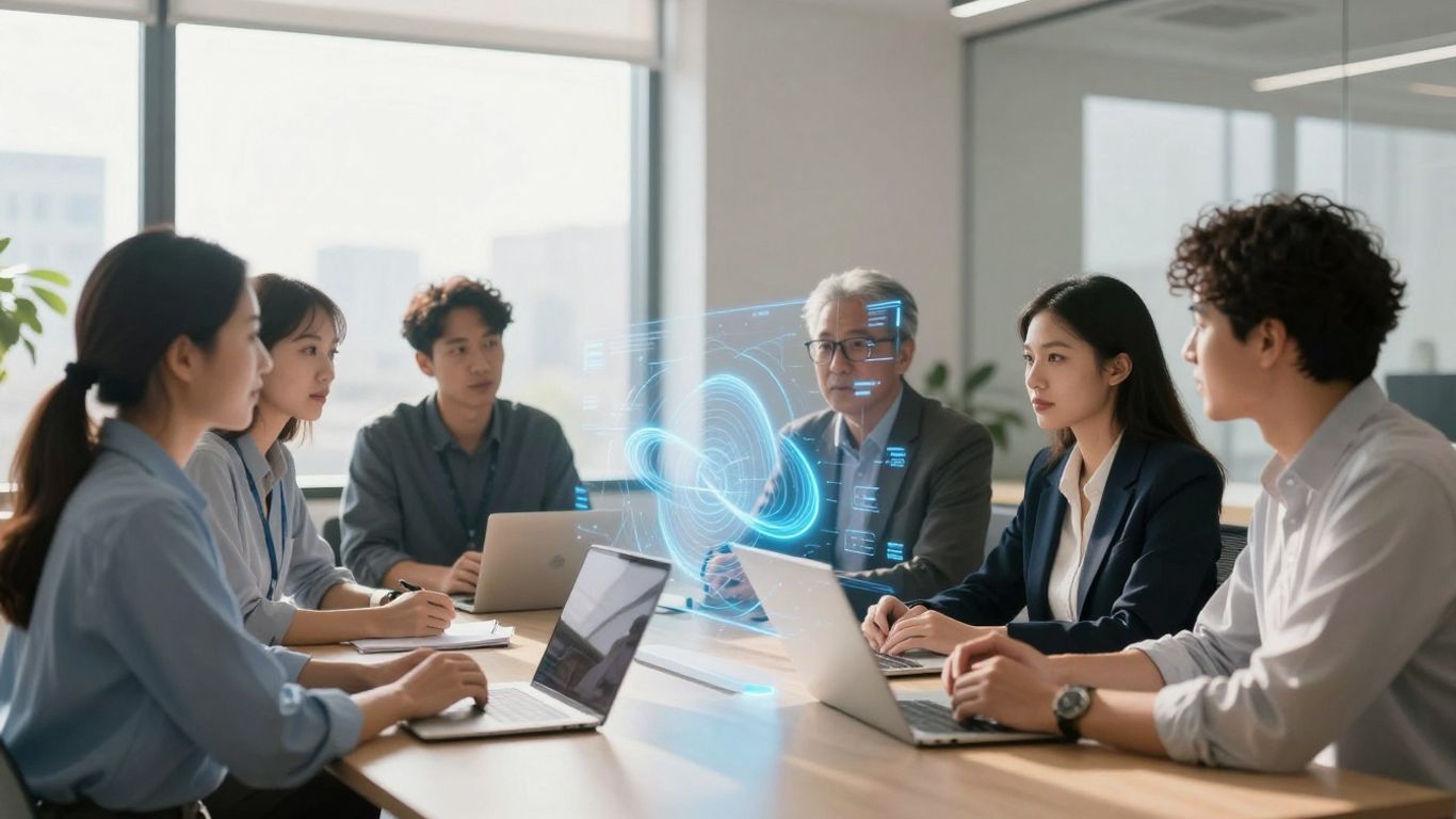 Business leaders discussing AI integration in a modern office.