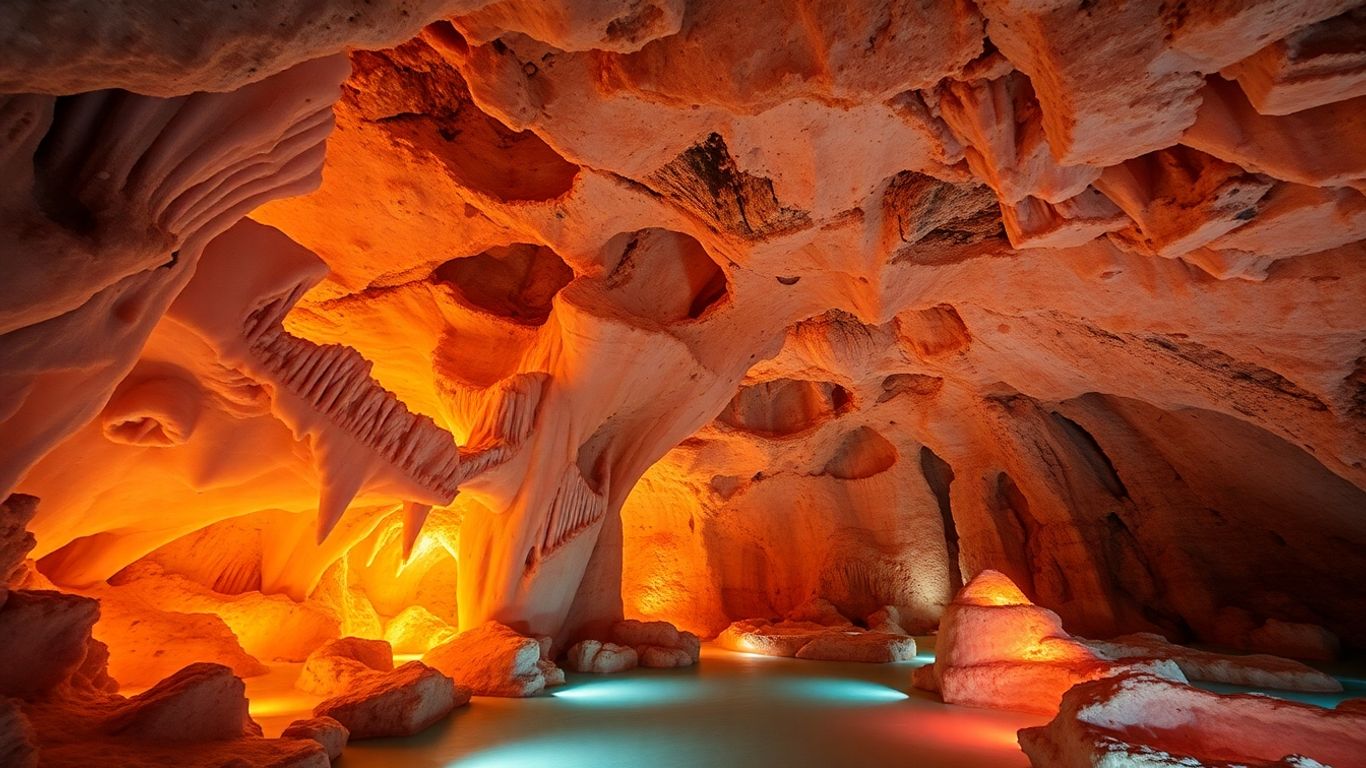 Interiorul unei saline cu formațiuni de sare iluminate