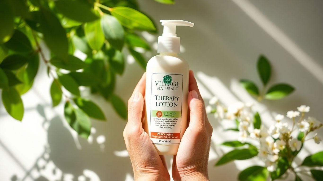 Hands holding Village Naturals Therapy Lotion bottle.