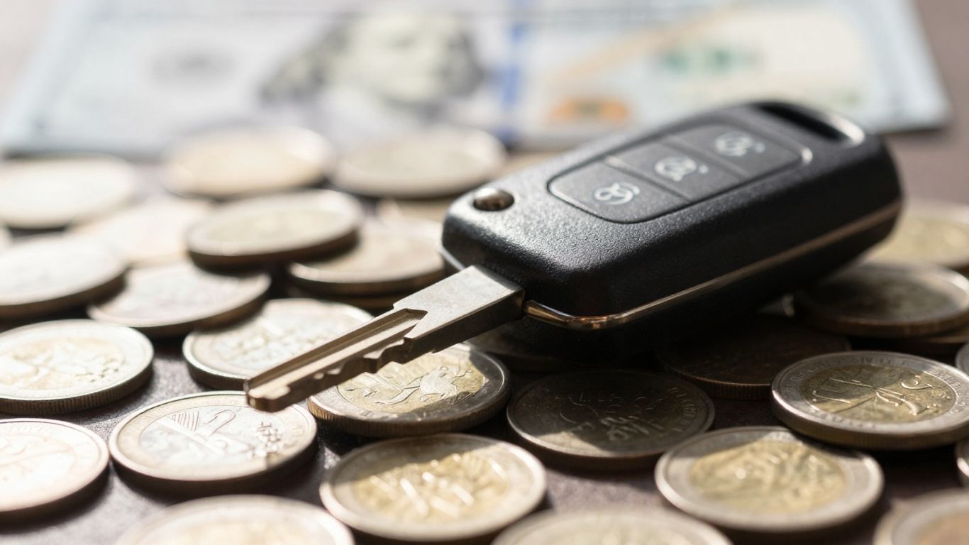 Car key on coins, symbolizing loan interest.
