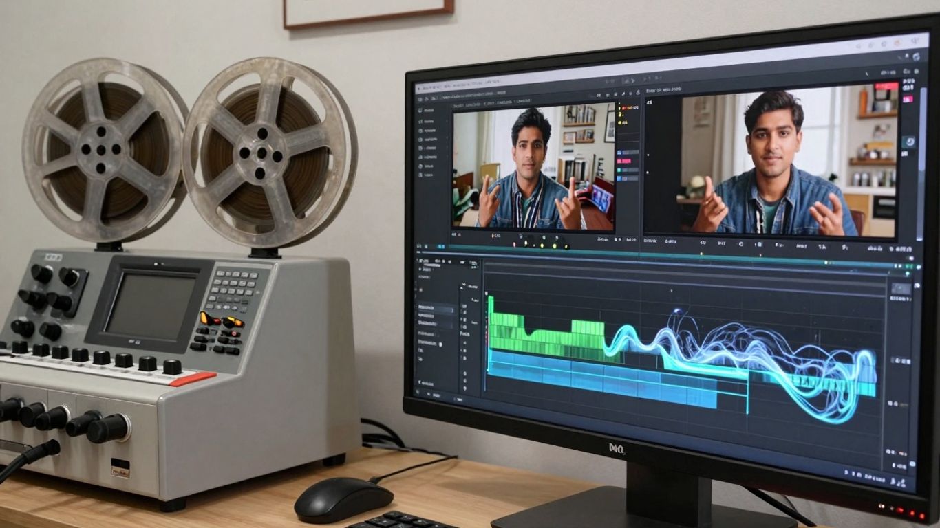 Video editing evolution from film reels to digital interfaces.