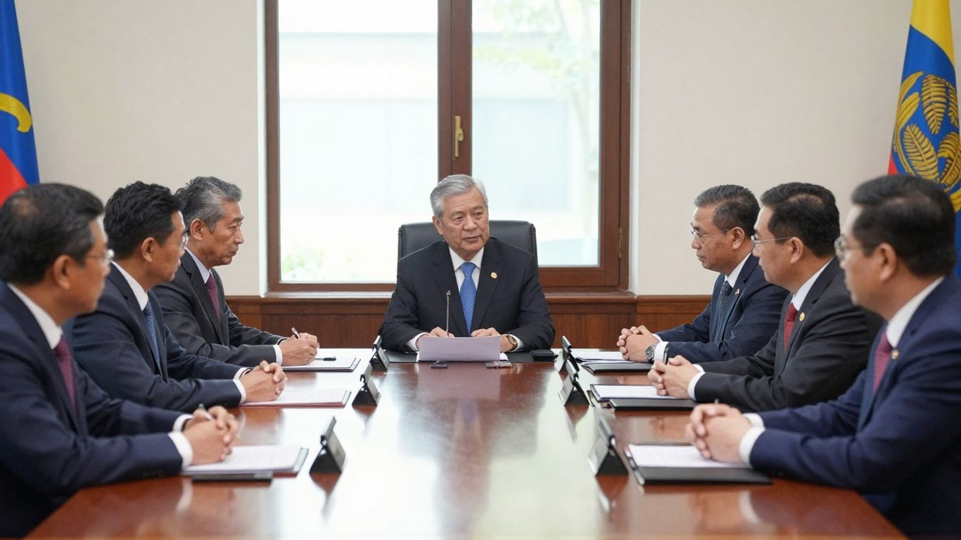 Miniștrii discutând la o masă într-o clădire guvernamentală.