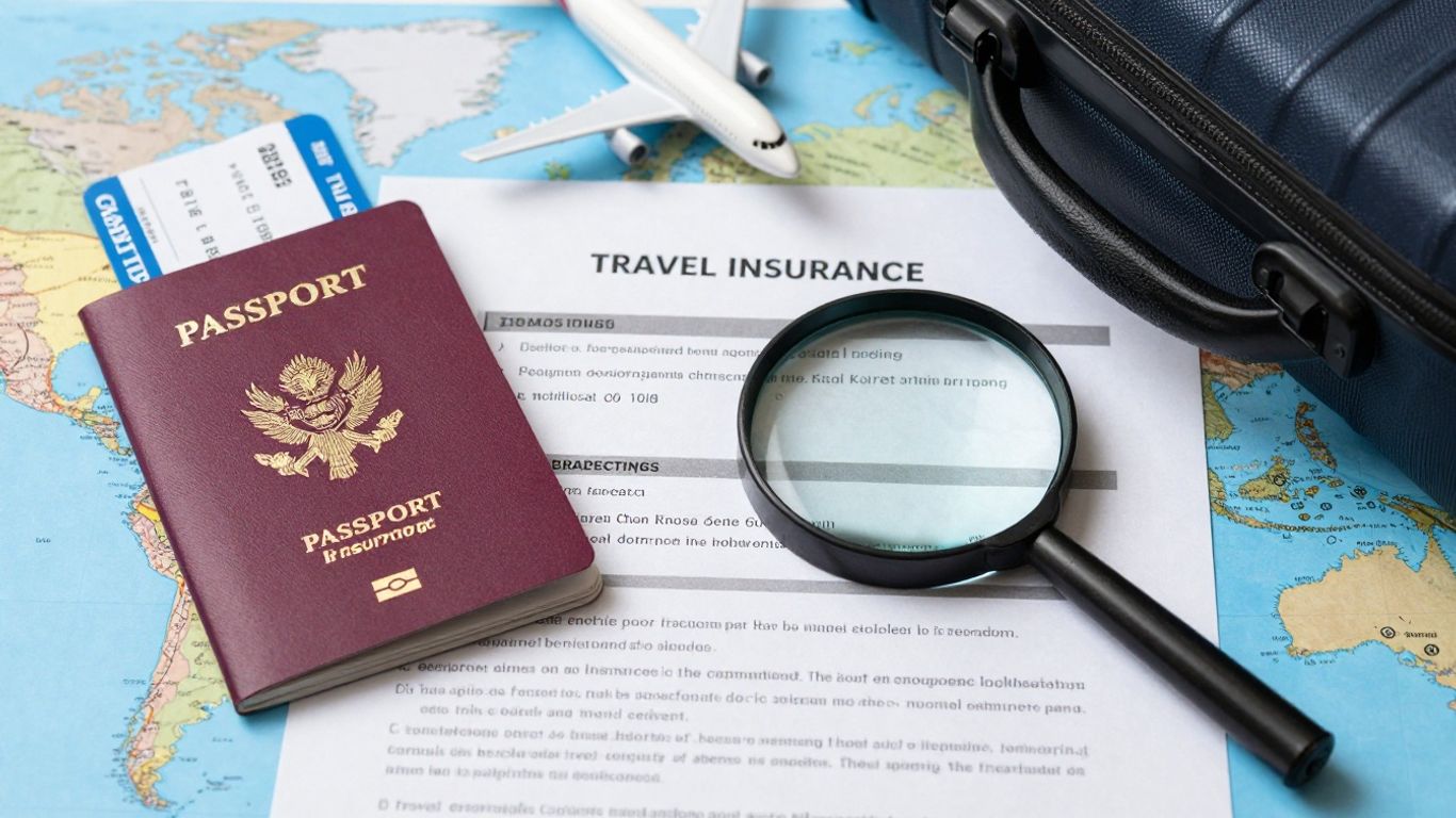 Travel insurance documents with passport and luggage.