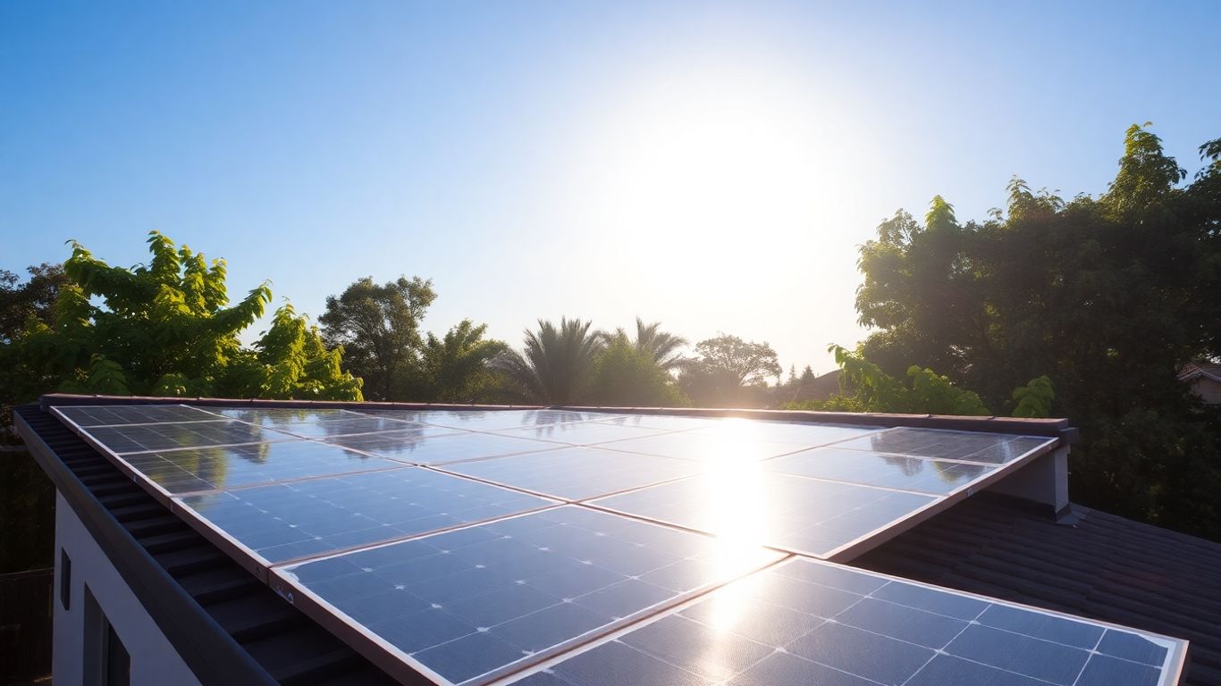 South African home rooftop with solar panels under a sunny sky.