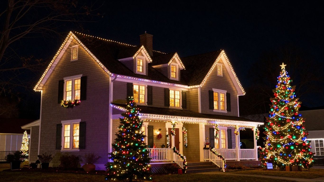 Festive house with colorful Christmas lights at night.