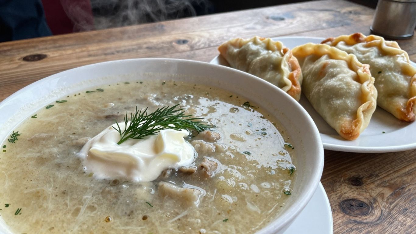 Borscht and pirozhki at a Russian restaurant.