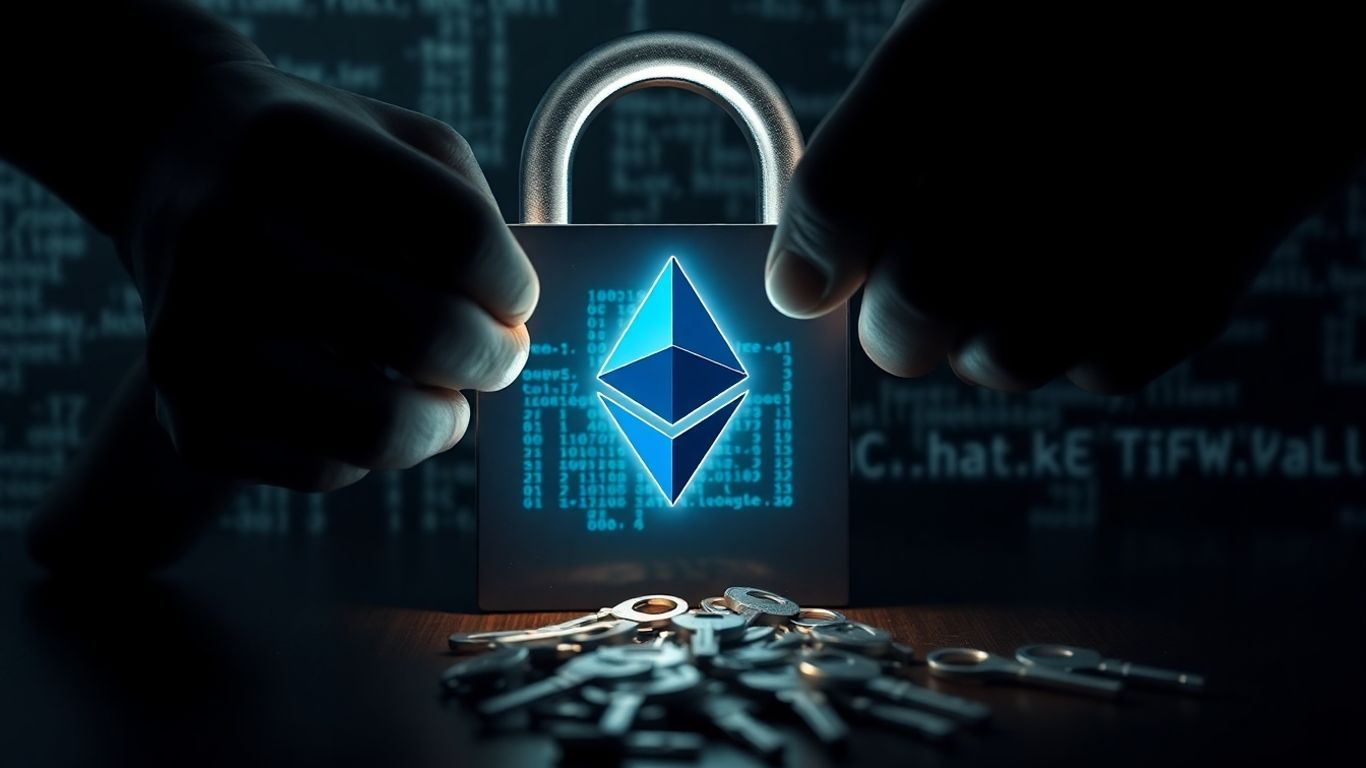 Ethereum symbol lock breached by shadowy hands and code.