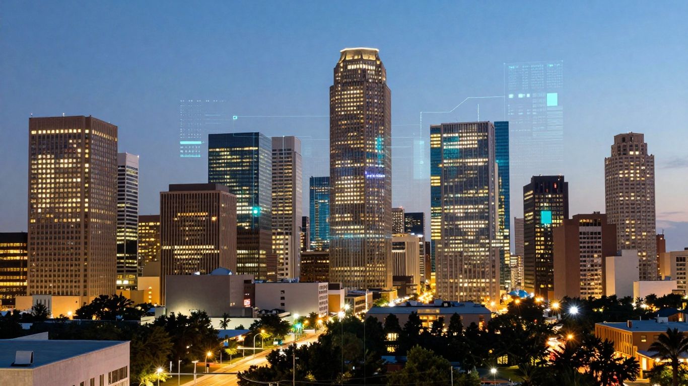 Houston cityscape with digital growth overlay