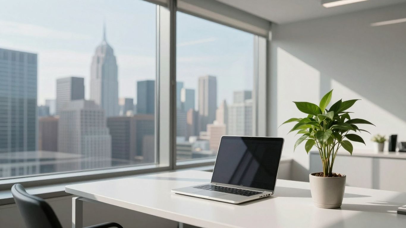 Bureau moderne avec vue sur la ville et lumière naturelle.