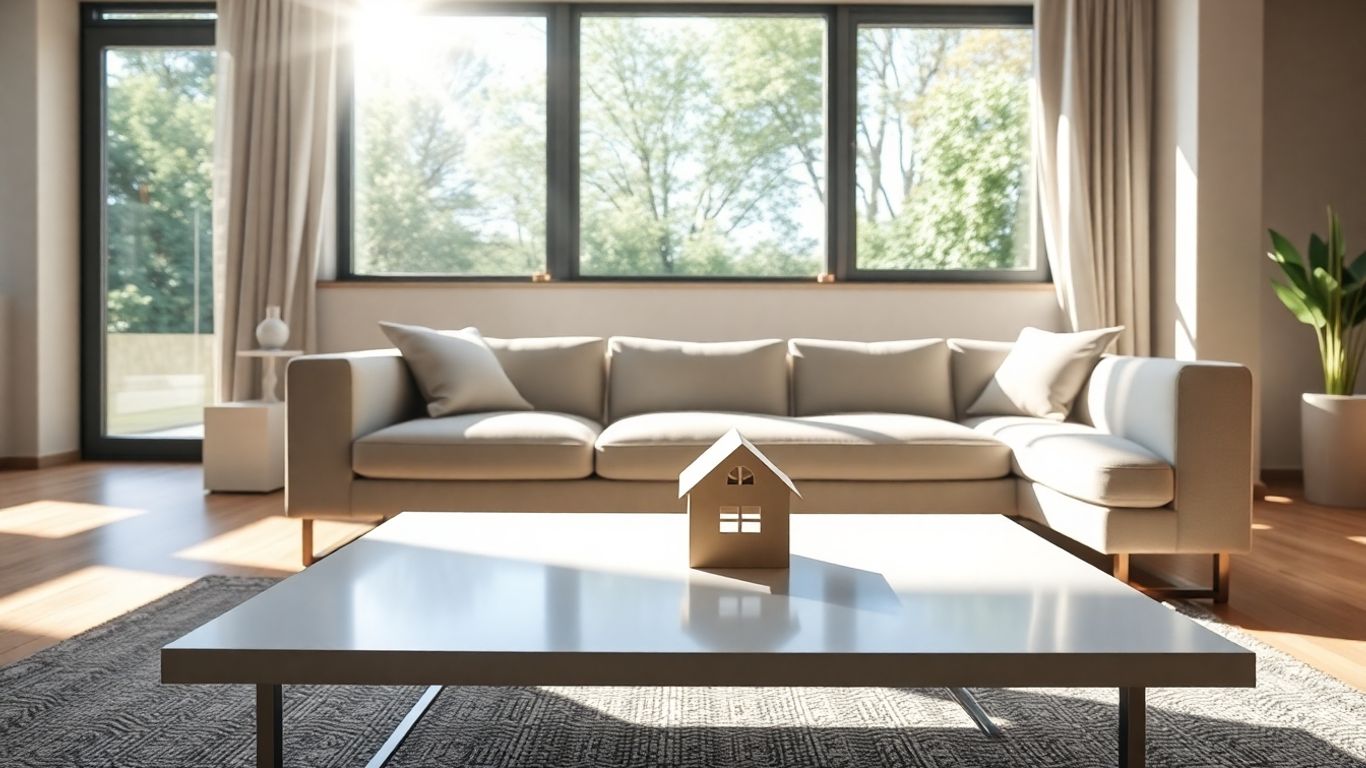 Casa moderna con icono de seguridad en mesa.