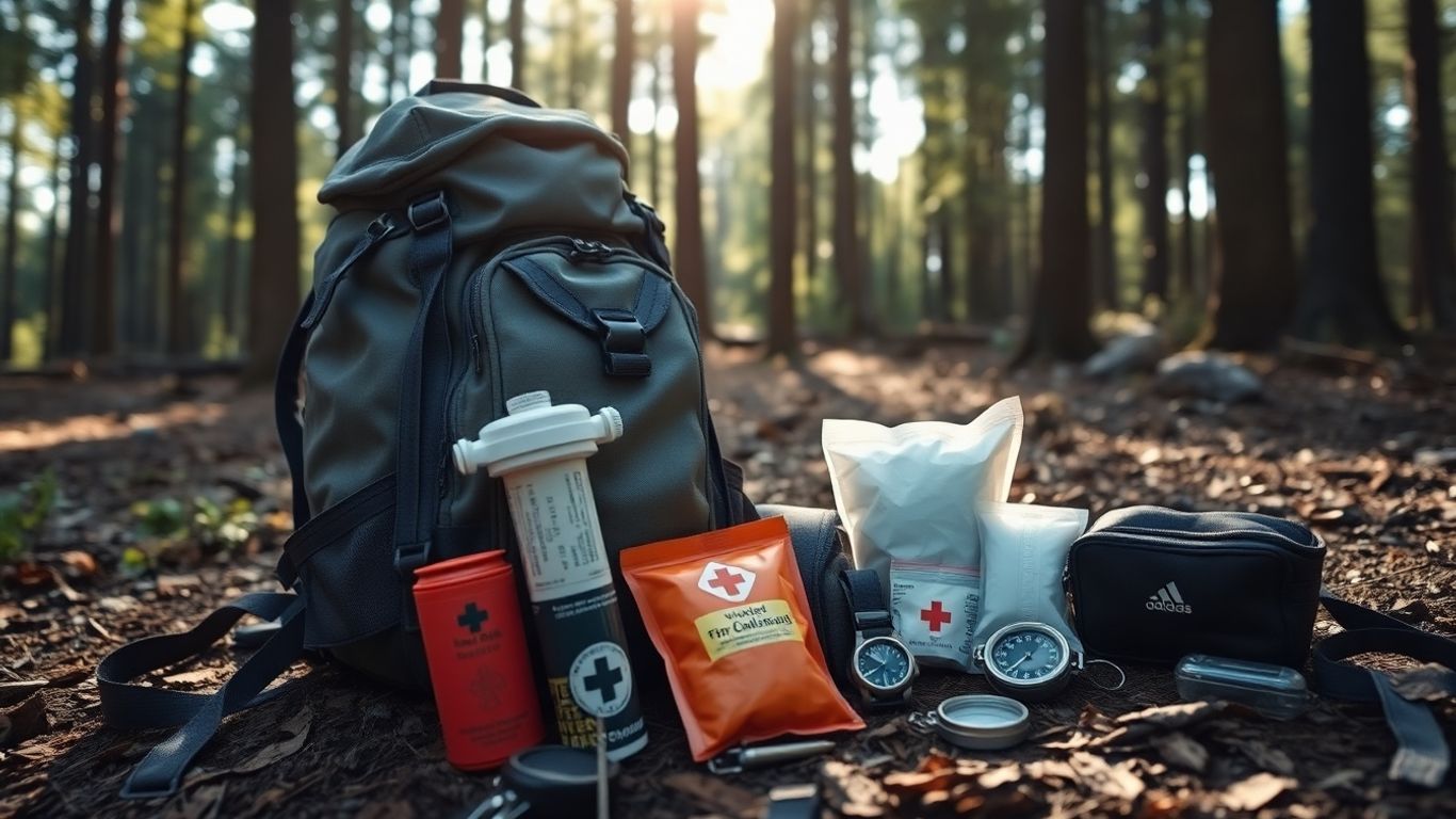 Plecak przetrwania z wyposażeniem w lesie.
