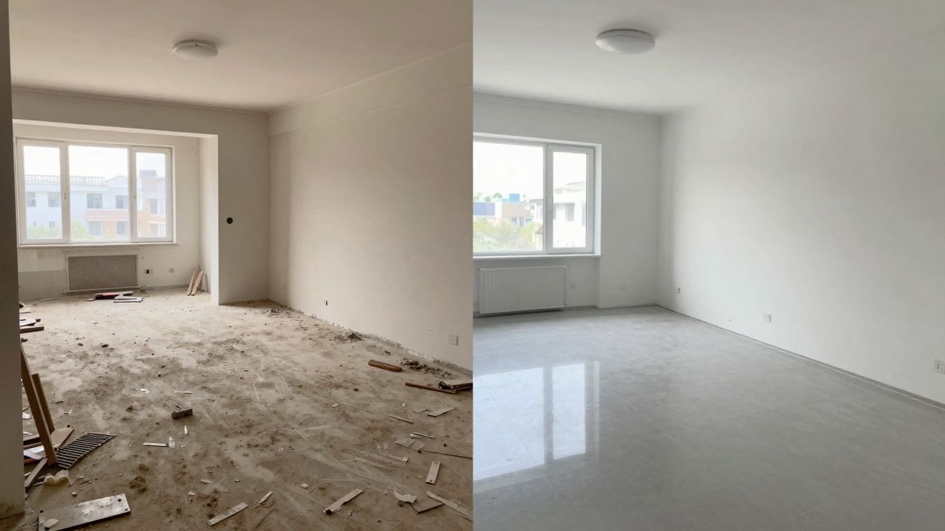 Builders cleaning: rough vs final clean comparison.