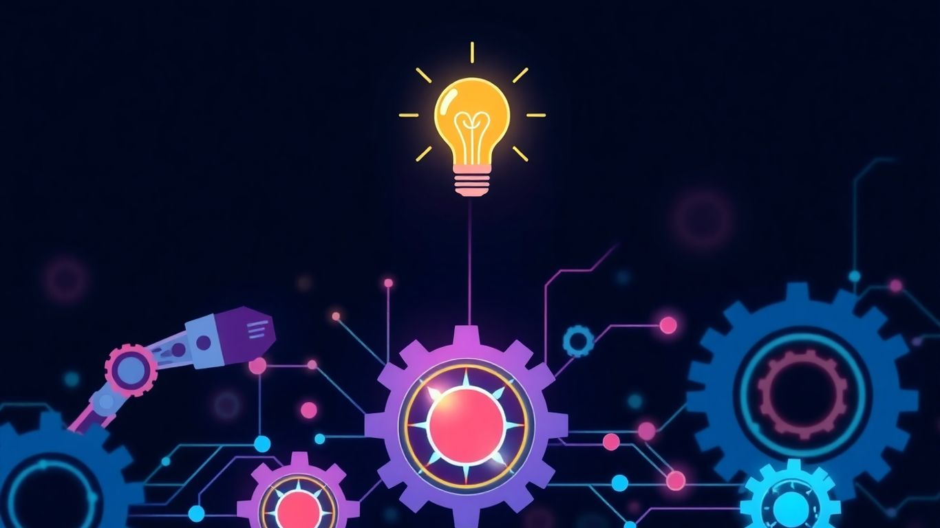 AI workflow automation infographic with gears and pathways.