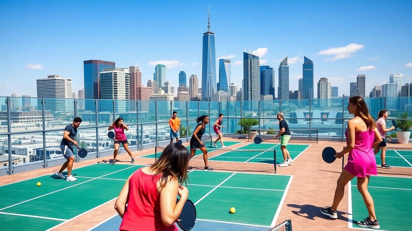 People playing pickleball on rooftop courts in city.