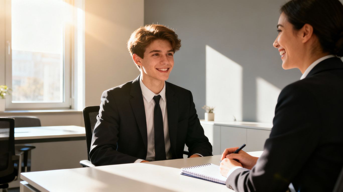 University interview success with confident candidate and interviewer.