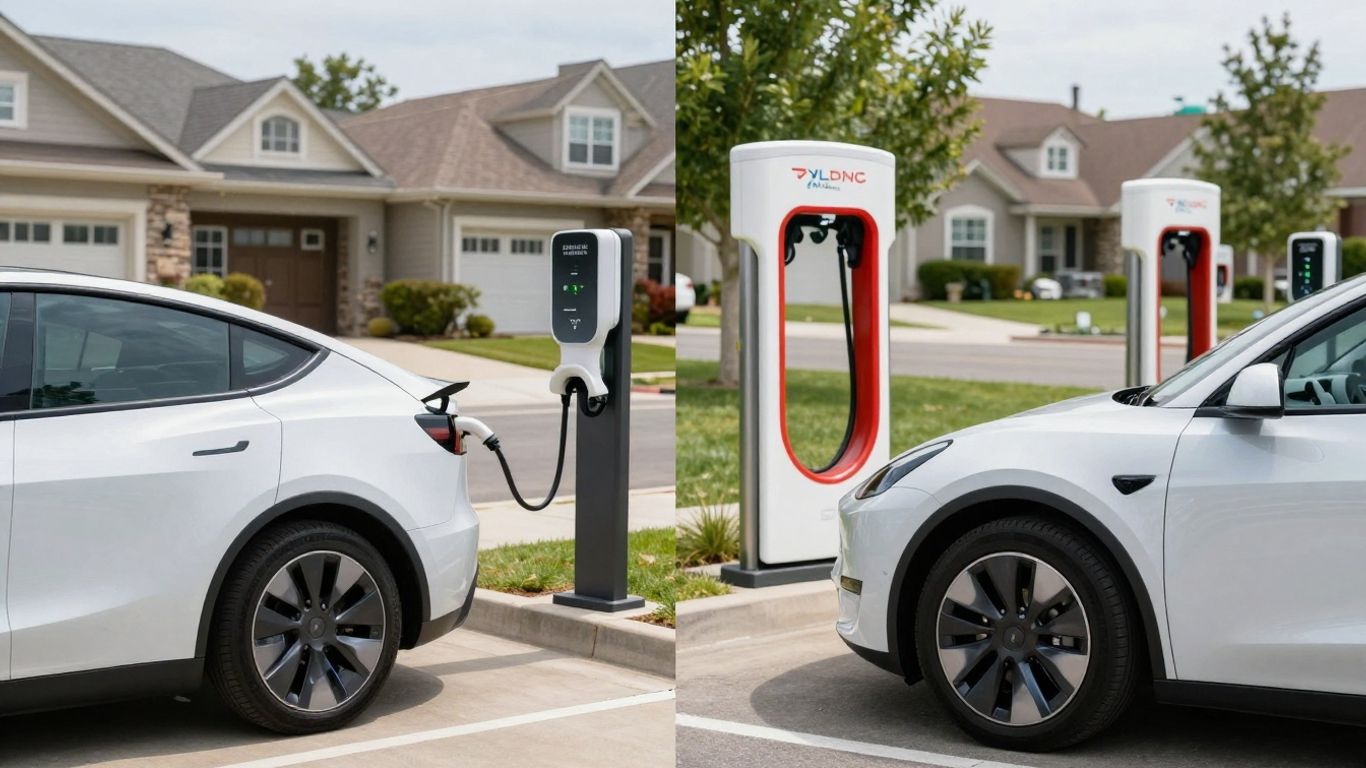 Electric car charging at home versus public charging station.