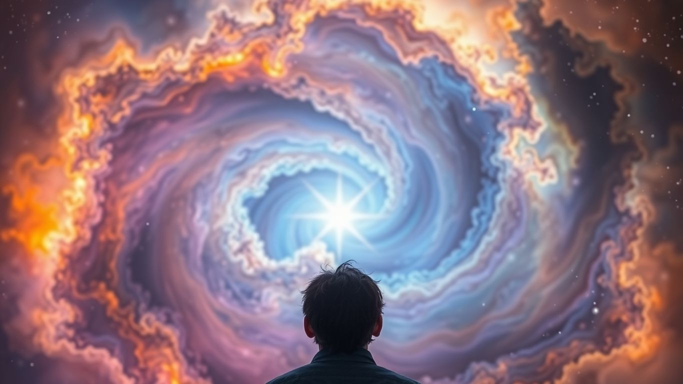 Person looking at a colorful nebula with a bright star.