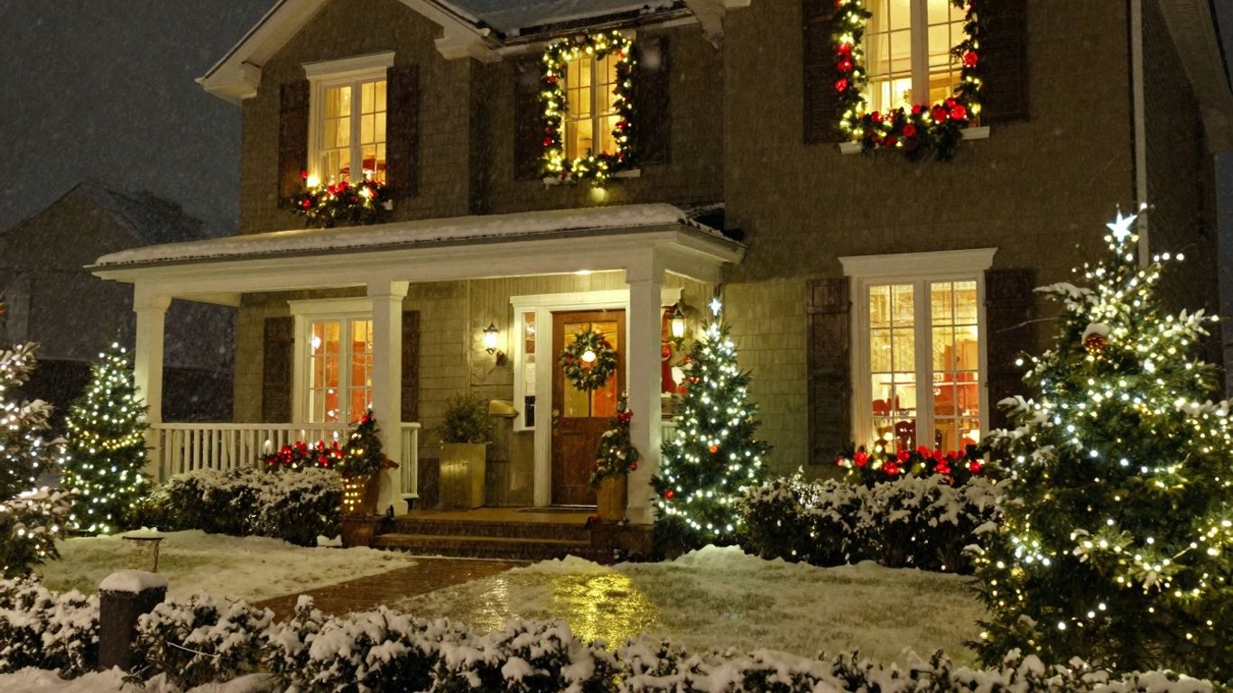 Festive house with Christmas lights and falling snow.