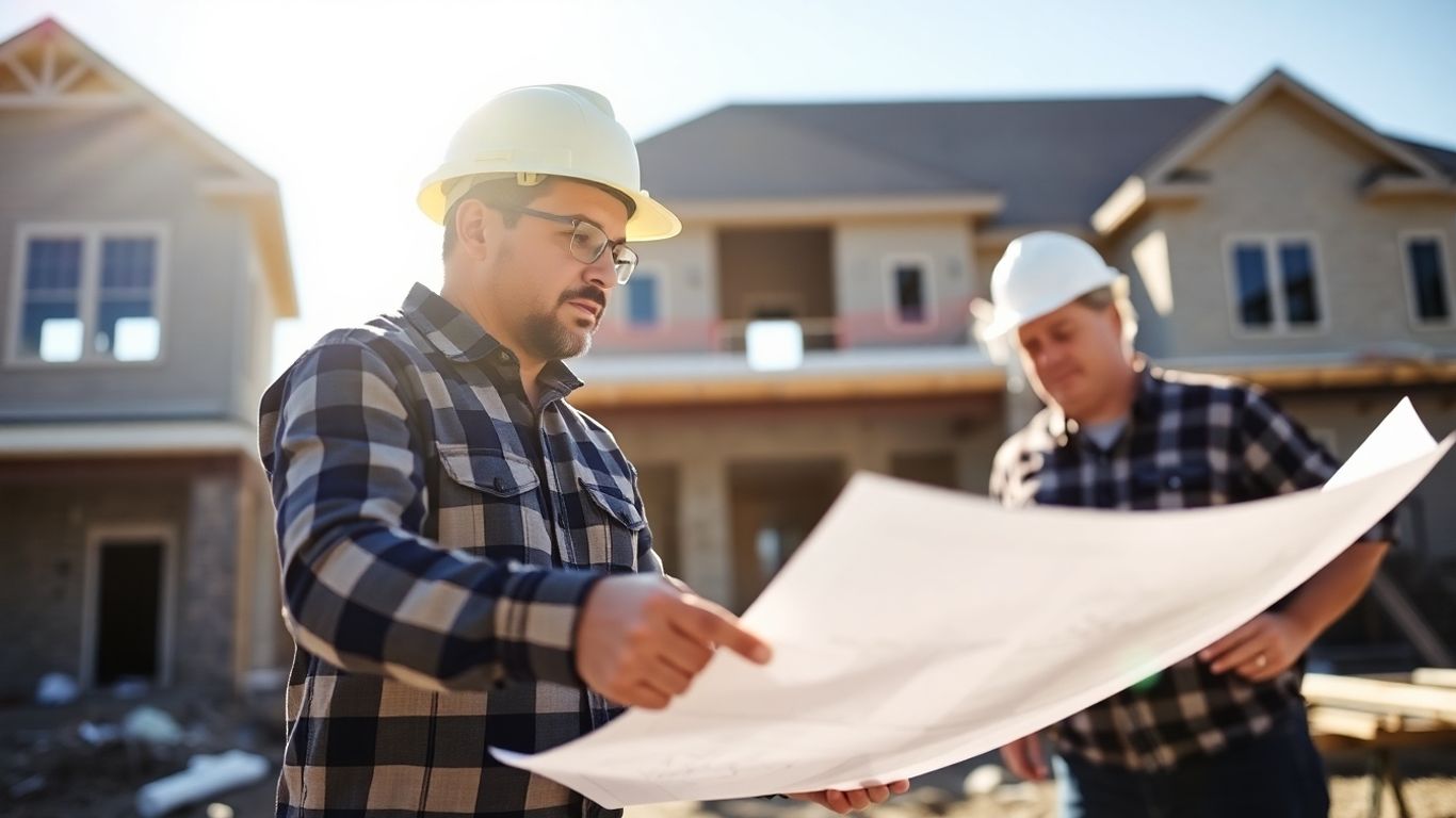 Contractor reviewing blueprints with client at construction site.