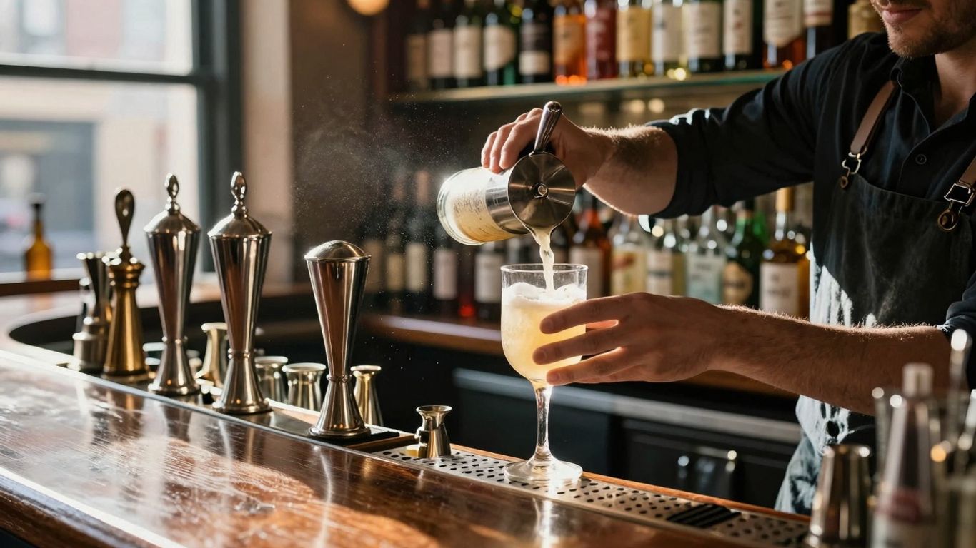 UK pub interior with bartender pouring a drink.
