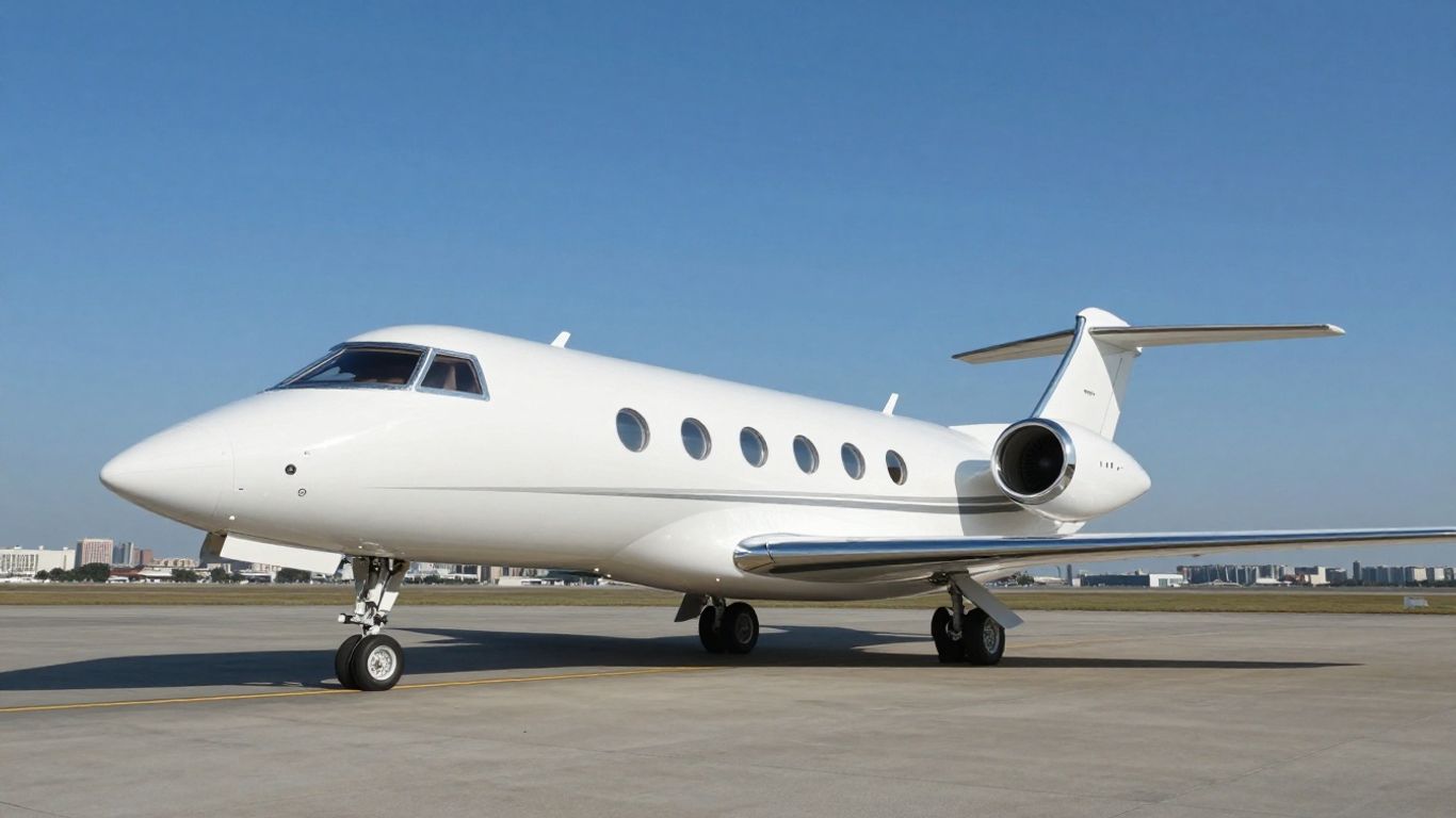 Private jet on tarmac, ready for flight.