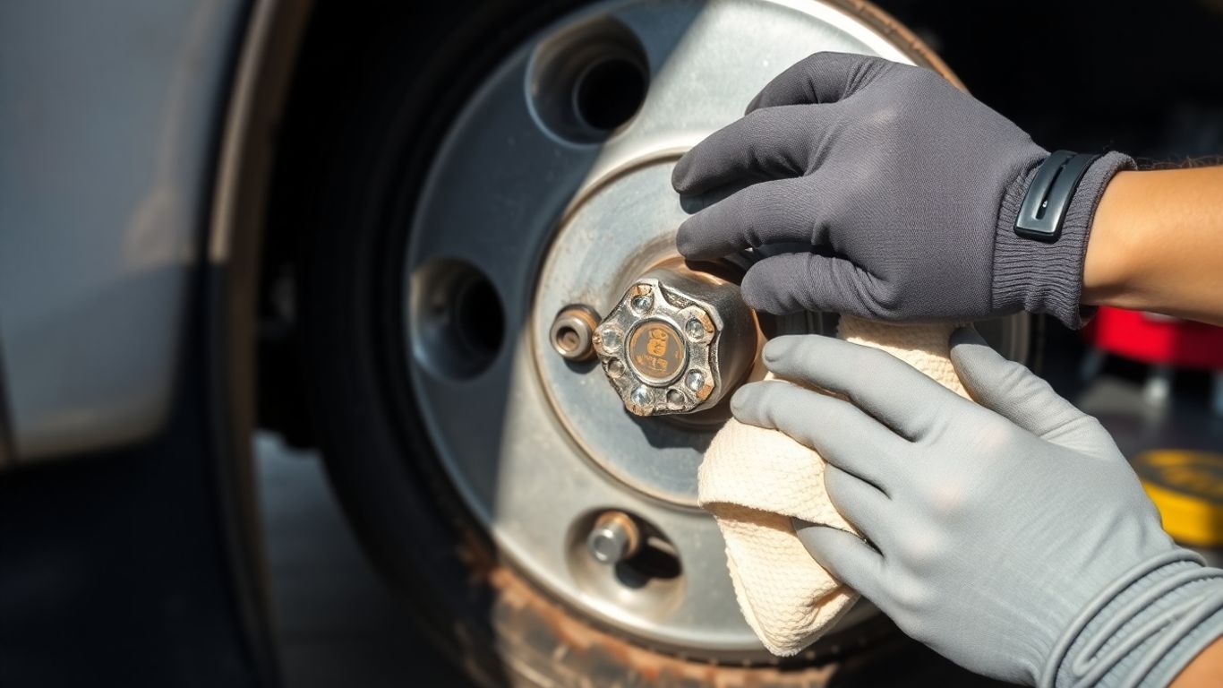 Gloved hand cleaning car hub with rag