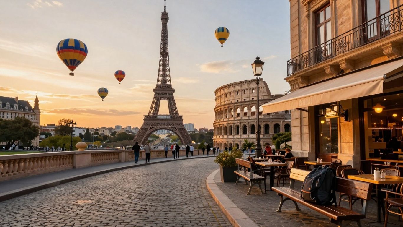 Affordable European holiday destinations with landmarks and travel elements.