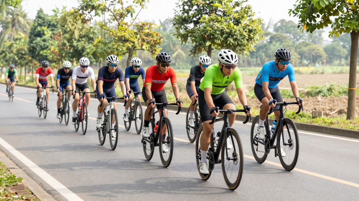 Cyclists riding together on a tree-lined road in Melbourne.