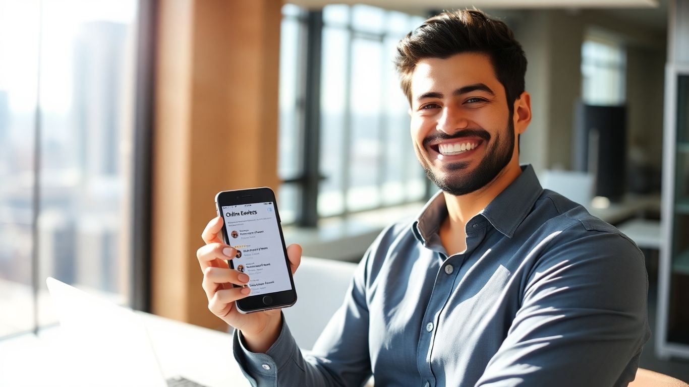 Business owner with positive online reviews on phone.