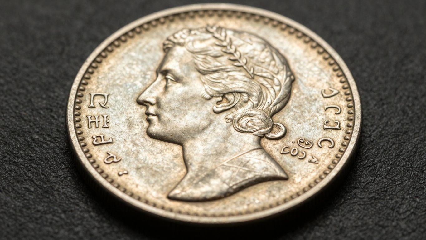 Detailopname van een Franse zilveren munt met daarop Marianne de Haan.