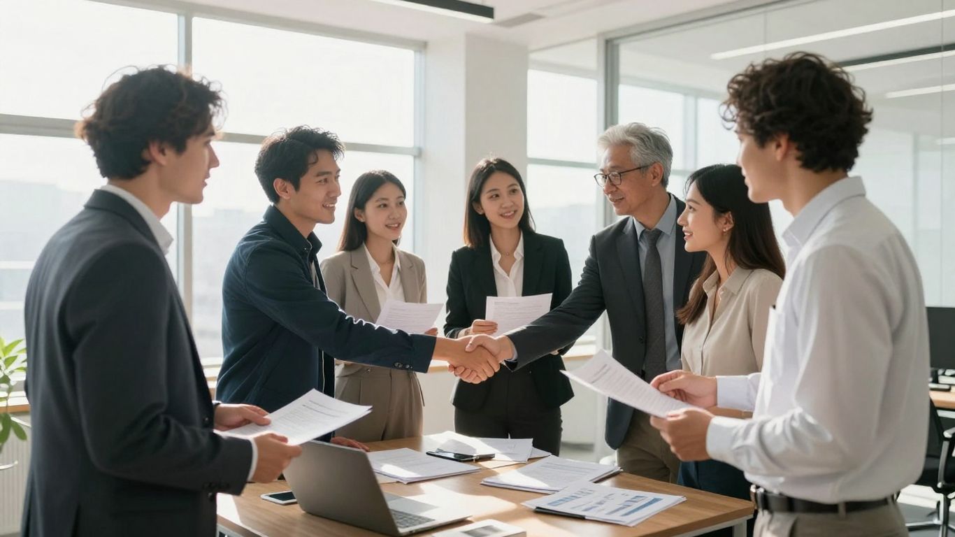Homebuyers discussing mortgage options with a broker.